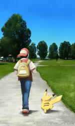 Rule 34 | 1boy, absurdres, backpack, backwards hat, bad id, bad pixiv id, bag, baseball cap, black hair, blue sky, commentary request, creature, creatures (company), day, from behind, game freak, gen 1 pokemon, grass, hat, highres, male focus, mei ford, nintendo, pants, photo background, pikachu, poke ball print, pokemon, pokemon (creature), pokemon rgby, red (pokemon), roas, shirt, sky, tree, walking