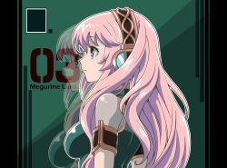 Rule 34 | 1girl, armband, arms at sides, blue eyes, breasts, character name, closed mouth, artistic error, female focus, from side, headphones, highres, hirabaru kenji, large breasts, long hair, megurine luka, pink hair, profile, reflection, solo, turtleneck, upper body, vocaloid
