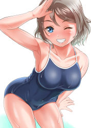 Rule 34 | 10s, 1girl, arm support, armpits, blue background, blue eyes, blue one-piece swimsuit, breasts, collarbone, competition school swimsuit, competition swimsuit, covered navel, gonta (gshoutai), gradient background, grey hair, highres, love live!, love live! sunshine!!, medium breasts, one-piece swimsuit, one eye closed, salute, school swimsuit, short hair, smile, solo, swimsuit, teeth, watanabe you, wet, wet clothes, wet swimsuit, white background