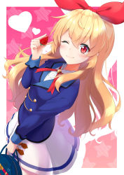 Rule 34 | 1girl, absurdres, aikatsu!, aikatsu! (series), arm up, blonde hair, blue jacket, blush, bow, buttons, closed mouth, double-breasted, food, fruit, hair between eyes, hair bow, heart, highres, holding, holding food, hoshimiya ichigo, jacket, long hair, long sleeves, looking at viewer, mirea, name connection, object namesake, one eye closed, pink background, pleated skirt, red bow, red eyes, red ribbon, ribbon, school uniform, skirt, smile, standing, star (symbol), starlight academy school uniform, starry background, strawberry, strawberry day, wavy hair, white skirt