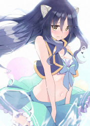 Rule 34 | 1girl, animal ears, black hair, blush, bow, cropped jacket, embarrassed, highres, looking at viewer, midriff, navel, princess connect!, shiori (princess connect!), skirt, skirt tug, tagme, uruc, yellow eyes