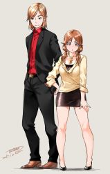 Rule 34 | 1boy, 1girl, artist name, black footwear, black pants, blush, breasts, brown eyes, brown hair, business suit, cleavage, collarbone, dated, dress, dress shirt, formal, full body, hand on own hip, hand on own thigh, heart, heart necklace, highres, idolmaster, idolmaster cinderella girls, jacket, jewelry, katagiri sanae, large breasts, light blush, looking at viewer, low twintails, necklace, open clothes, open jacket, pants, polka dot, polka dot dress, producer (idolmaster), red shirt, shirt, short dress, side-by-side, signature, simple background, sleeves rolled up, standing, suit, tachibana roku, tan background, twintails, yellow shirt