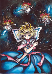 Rule 34 | 1girl, alice margatroid, blonde hair, bow, capelet, dated, dress, female focus, green eyes, hair bow, hairband, lance, mosho, painting (medium), polearm, shanghai doll, short hair, signature, solo, string, sword, touhou, traditional media, watercolor (medium), weapon