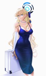 Rule 34 | 1girl, alternate breast size, alternate costume, blonde hair, blue archive, blue dress, blue eyes, blue halo, bow, breasts, briefcase, cleavage, closed mouth, collarbone, dress, earrings, elbow gloves, gloves, hair bow, halo, heart, highres, jewelry, large breasts, long hair, luunamito, multicolored hair, necklace, pearl necklace, simple background, solo, streaked hair, stud earrings, toki (blue archive), very long hair, wavy hair, white background, white gloves