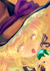Rule 34 | 1girl, blonde hair, bow, candy, die letzte (tc), female focus, food, hair bow, hat, kirisame marisa, lollipop, pinky out, saliva, saliva trail, solo, supercynic, tongue, touhou, witch, witch hat, yellow eyes