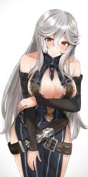 Rule 34 | 1girl, absurdres, bad id, bad pixiv id, bare shoulders, belt, belt buckle, blush, breasts, brown eyes, buckle, cleavage, commentary request, cowboy shot, detached sleeves, granblue fantasy, hair between eyes, highres, large breasts, long hair, looking at viewer, lumda, magisa (granblue fantasy), simple background, smile, solo, white background, white hair