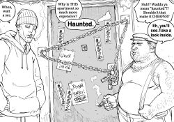 Rule 34 | 2boys, absurdres, bb (baalbuddy), chain, chained, cigar, cigarette, closed eyes, door, doorknob, english text, facial hair, fat, fat man, hands in pockets, hat, haunted, highres, holding, holding cigar, hood, hoodie, indoors, multiple boys, ofuda, original, peephole, smoking, speech bubble, stubble, suspenders, woollen cap