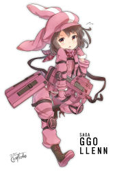 Rule 34 | 10s, 1girl, 2018, absurdres, animal ears, animal hat, boots, brown eyes, brown footwear, brown hair, bullpup, camouflage, character name, chestnut mouth, commentary request, copyright name, coreytaiyo, cross-laced footwear, dated, flying sweatdrops, gloves, gun, hat, highres, holding, holding gun, holding weapon, jacket, lace-up boots, llenn (sao), long sleeves, p-chan (p90), p-chan (sao), p90, pants, personal defense weapon, pink gloves, pink hat, pink jacket, pink pants, rabbit ears, rabbit hat, signature, simple background, solo, standing, submachine gun, sword art online, sword art online alternative: gun gale online, weapon, white background