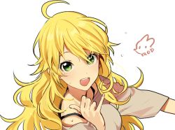 Rule 34 | 1girl, :d, ahoge, artist name, bad id, bad pixiv id, blonde hair, green eyes, hoshii miki, idolmaster, idolmaster (classic), long hair, looking at viewer, open mouth, rod (rod4817), simple background, smile, solo, sweat, white background