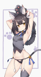Rule 34 | 1girl, absurdres, animal ear fluff, animal ears, animal hands, armpits, arms behind head, arms up, bare arms, bare shoulders, bell, black hair, black panties, breasts, closed mouth, collared shirt, contrapposto, cowboy shot, crop top, fake animal ears, fate/kaleid liner prisma illya, fate (series), gloves, gluteal fold, grey shirt, grey thighhighs, groin, hair ornament, hairband, hairclip, highres, jingle bell, long hair, looking at viewer, miyu edelfelt, navel, no pants, orange eyes, panties, paw gloves, serin199, shirt, single thighhigh, sleeveless, sleeveless shirt, small breasts, solo, standing, stomach, string panties, suspenders, tears, thighhighs, thighs, twintails, underwear