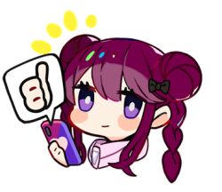 Rule 34 | 1girl, bow, braid, bright pupils, chibi, closed mouth, denonbu, double bun, hair between eyes, hair bow, hair bun, holding, holding phone, inubousaki shian, kurumitsu, looking at viewer, lowres, notice lines, official art, phone, portrait, purple eyes, sidelocks, smile, solo, spoken thumbs up, thumbs up, transparent background, twin braids, white pupils