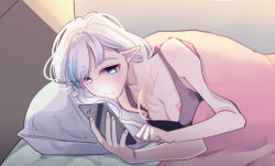 Rule 34 | 1girl, bed, blue eyes, blush, breasts, demon girl, demon horns, horns, idconnect+, looking at phone, looking down, lying, mole, mole under eye, on side, phone, pointy ears, rerei, rerei (artist), tank top, under covers, virtual youtuber, white hair