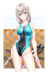 Rule 34 | 1girl, absurdres, aqua one-piece swimsuit, bicycle, blue eyes, blurry, blurry background, breasts, competition swimsuit, contrapposto, cowboy shot, girls und panzer, highres, itsumi erika, light smile, looking at viewer, medium breasts, medium hair, multicolored clothes, multicolored swimsuit, one-piece swimsuit, silver hair, solo, standing, striped clothes, striped one-piece swimsuit, swimsuit, takafumi