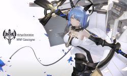 Rule 34 | 1girl, armored boots, azur lane, bare shoulders, black dress, blue flower, blue hair, boots, breasts, character name, cleavage, cross, cross necklace, detached collar, dress, flower, from above, gascogne (azur lane), gauntlets, halo, headgear, highres, holding, holding behind back, jewelry, looking at viewer, mechanical halo, mechanical wings, medium breasts, necklace, pantyhose, parrotzzz, rigging, short hair, simple background, sleeveless, sleeveless dress, solo, strapless, strapless dress, thigh boots, thighhighs, turret, two-tone dress, vichya dominion (emblem), white dress, wings, yellow eyes