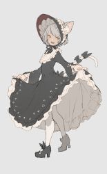Rule 34 | 1girl, animal ears, black bow, black dress, black footwear, bow, dress, ears through headwear, fang, fingernails, grey background, grey hair, high heels, highres, holding clothes, holding dress, kemono fabric, medium hair, mogumo, open mouth, orange eyes, paw print, sharp fingernails, simple background, smile, solo, standing, tail, thighhighs, white tail