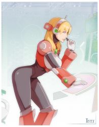 Rule 34 | 1girl, alia (mega man), bent over, blonde hair, blue eyes, bodysuit, breasts, commentary, contrapposto, english commentary, from side, gloves, hairband, highres, large breasts, long sleeves, materclaws, mega man (series), mega man x (series), parted lips, profile, signature, smile, solo, standing, white gloves