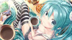 Rule 34 | 1girl, aqua eyes, aqua hair, breasts, cleavage, coffee, cup, daidou (demitasse), downblouse, foreshortening, from above, hatsune miku, highres, long hair, looking at viewer, nail polish, small breasts, smile, solo, striped clothes, striped thighhighs, thighhighs, twintails, very long hair, vocaloid