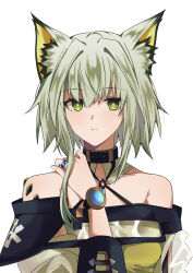 Rule 34 | 1girl, absurdres, animal ear fluff, animal ears, arknights, bare shoulders, brown choker, cat ears, cat girl, choker, closed mouth, commentary, dress, english commentary, green dress, green eyes, green hair, hair between eyes, highres, jacket, jewelry, kal&#039;tsit (arknights), looking at viewer, material growth, off-shoulder dress, off-shoulder jacket, off shoulder, oripathy lesion (arknights), pokarii zuu, ring, short hair, simple background, solo, white background