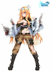 Rule 34 | 1girl, ace virgin, aircraft, airplane, belt, black sweater, blue eyes, blush, boots, breasts, breasts squeezed together, broken, camouflage, camouflage pants, cleavage cutout, closed mouth, clothing cutout, copyright name, covering nipples, covering privates, fhalei, fire, frown, full body, hand up, headgear, highres, knee boots, large breasts, leg belt, lips, logo, long hair, long sleeves, looking at viewer, machinery, mecha musume, navel, orange hair, pants, pouch, ribbed sweater, simple background, solo, standing, sweater, torn clothes, very long hair, white background