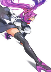 Rule 34 | 1girl, alternate costume, apron, arm support, black dress, black footwear, black thighhighs, boots, bow, brown eyes, closed mouth, doushimasho, dress, enmaided, fate/stay night, fate (series), floating hair, glasses, hair bow, high heel boots, high heels, high ponytail, juliet sleeves, long hair, long sleeves, looking away, maid, maid apron, medusa (fate), medusa (rider) (fate), official alternate costume, ponytail, profile, puffy sleeves, purple hair, red bow, sleeves past wrists, solo, thigh boots, thighhighs, very long hair, white apron, white background
