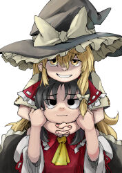 Rule 34 | 2girls, ascot, bare shoulders, black eyes, black hair, black headwear, blonde hair, bow, braid, chin rest, clenched teeth, closed mouth, collar, detached sleeves, frilled bow, frilled collar, frilled hat, frills, grey bow, hair between eyes, hair bow, hakurei reimu, hand on another&#039;s arm, hands on another&#039;s arms, hat, hat bow, head hug, head on head, head rest, highres, hug, interlocked fingers, kirisame marisa, long hair, medium hair, multiple girls, own hands clasped, own hands together, parted lips, red bow, red shirt, ribbon-trimmed sleeves, ribbon trim, rightorisamraido3, shaded face, shirt, short sleeves, side braid, sidelocks, simple background, single braid, skirt, smile, teeth, touhou, upper body, white background, white sleeves, witch hat, yellow ascot, yellow eyes