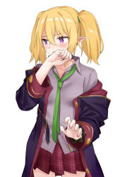 Rule 34 | 1girl, absurdres, blonde hair, blush, breasts, chloe (princess connect!), coat, collared shirt, green necktie, hair between eyes, highres, necktie, off shoulder, open clothes, open coat, parted lips, plaid, plaid skirt, pleated skirt, pointy ears, princess connect!, purple eyes, red skirt, shichimi yutsuki, shirt, simple background, skirt, small breasts, solo, twintails, white background