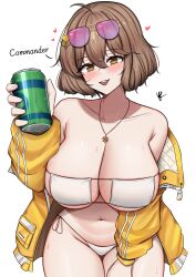 Rule 34 | 1girl, :d, absurdres, ahoge, anis (nikke), anis (sparkling summer) (nikke), bare shoulders, bikini, blush, breasts, brown eyes, brown hair, can, cleavage, collarbone, english text, eyewear on head, goddess of victory: nikke, hand on own thigh, heart, highres, holding, holding can, jacket, jewelry, large breasts, mask bikini, necklace, off-shoulder jacket, off shoulder, official alternate costume, open mouth, pink-tinted eyewear, short hair, side-tie bikini bottom, signature, simple background, smile, solo, string bikini, sunglasses, sweat, swimsuit, tinted eyewear, white background, white bikini, yellow jacket, yukaraishin