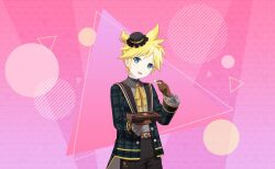 Rule 34 | 1boy, 25-ji len, 25-ji nightcord de. (project sekai), belt, black pants, blazer, blonde hair, bow, box, box of chocolates, brooch, brown belt, brown gloves, candle no kaori wa omoide to tomo ni (project sekai), chocolate, circle, collared shirt, colorful palette, cowboy shot, diagonal stripes, dot nose, food, frilled headwear, frilled sleeves, frills, gloves, gold trim, green eyes, grey shirt, hat, hat bow, head tilt, heart, heart brooch, high ponytail, highres, holding, holding box, holding chocolate, holding food, jacket, jewelry, kagamine len, lace-trimmed collar, lace trim, light smile, looking at viewer, male focus, mini hat, mini top hat, neck ribbon, official art, pants, parted bangs, parted lips, pink background, plaid, project sekai, ribbon, shirt, short ponytail, simple background, striped, sweets, tailcoat, third-party source, top hat, triangle, valentine, vocaloid, yellow ribbon