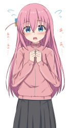 Rule 34 | 1girl, black skirt, blue eyes, blush, bocchi the rock!, commentary request, cube hair ornament, flying sweatdrops, gotoh hitori, hair between eyes, hair ornament, hands up, highres, jacket, long hair, long sleeves, looking at viewer, one side up, open mouth, own hands together, pink hair, pink jacket, pleated skirt, simple background, skirt, solo, takasuma hiro, track jacket, translation request, very long hair, white background