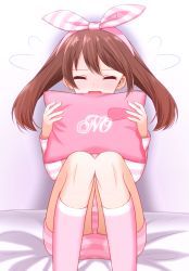 Rule 34 | 1girl, bad id, bad pixiv id, bed, blush, brown hair, closed eyes, creatures (company), embarrassed, flying sweatdrops, full body, game freak, hair ribbon, highres, holding, holding pillow, long hair, long sleeves, may (pokemon), may (pokemon oras), nintendo, no, on bed, pajamas, pillow, pink ribbon, pink theme, pokemon, pokemon oras, ribbon, shorts, sitting, solo, yes-no pillow, yuihico