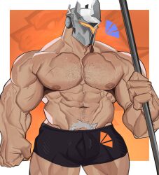 Rule 34 | 1boy, abs, absurdres, bara, biceps, bulge, covered face, hairy, helmet, highres, holding, holding weapon, jaxcian, large pectorals, male focus, male swimwear, manly, mature male, muscular, muscular male, nipples, no pants, overwatch, pectorals, pubic hair, reinhardt (overwatch), scar, simple background, solo, swim briefs, thick arms, thick thighs, thighs, topless male, veins, weapon