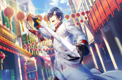 Rule 34 | 1boy, :d, architecture, black gloves, black pants, blue eyes, blue hair, changpao, chinese clothes, day, earrings, east asian architecture, eyeliner, floral print, glint, gloves, hair between eyes, highres, holding, holding sword, holding weapon, house, ichinose tokiya, jewelry, jian (weapon), lantern, looking at viewer, makeup, male focus, official art, open mouth, outdoors, pants, red eyeliner, rose print, short hair, single earring, smile, solo, sword, tassel, teeth, third-party source, upper body, upper teeth only, uta no prince-sama, uta no prince-sama: shining live, weapon