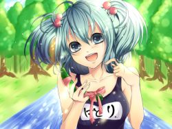 Rule 34 | 1girl, amase (siki696), blue eyes, blue hair, female focus, hair bobbles, hair ornament, kawashiro nitori, matching hair/eyes, name tag, one-piece swimsuit, school swimsuit, short hair, solo, swimsuit, touhou, twintails, two side up
