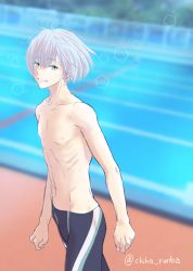 Rule 34 | 1boy, artist name, black male swimwear, blurry, blurry background, chiha runba, from side, green eyes, high speed!, legskin, looking at viewer, looking to the side, male focus, male swimwear, pool, purple hair, serizawa nao, short hair, smile, standing, swimsuit, topless male