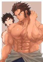 Rule 34 | 2boys, abs, arm behind head, bara, biceps, black hair, brown hair, large pectorals, long hair, long sideburns, looking at another, looking to the side, male focus, manly, mature male, multiple boys, muscular, muscular male, nipples, open mouth, original, pectorals, scar, scar on chest, sideburns, skirt, spiked hair, sugo6969, thick arms, thick eyebrows, tongue, topless male, veins, veiny arms