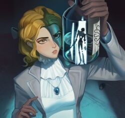 Rule 34 | 1boy, 1girl, absurdres, alice deross, blonde hair, blue bow, bottle, bow, brown gloves, coat, commentary, english commentary, fool&#039;s gold (identity v), frilled shirt collar, frills, gloves, grey coat, highres, holding, holding bottle, identity v, jewelry, liquid, mouse (animal), necklace, neisa, ponytail, shirt, upper body, white shirt, yellow eyes