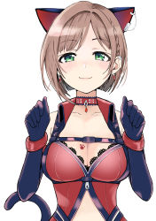 Rule 34 | 1girl, :3, animal ears, bare shoulders, blue gloves, blush, breast tattoo, breasts, brown hair, cat ears, cat tail, cleavage, clothing cutout, collar, collared vest, ear piercing, earrings, elbow gloves, fake animal ears, gloves, green eyes, highres, idolmaster, idolmaster cinderella girls, idolmaster cinderella girls starlight stage, jewelry, large breasts, looking at viewer, maekawa miku, navel cutout, piercing, red vest, short hair, sleeveless, smile, solo, tail, taiyou marii, tattoo, upper body, vest, white background
