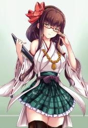 Rule 34 | 1girl, adjusting eyewear, alternate costume, aoki hagane no arpeggio, arms at sides, bare shoulders, blunt bangs, breasts, brown eyes, brown hair, brown thighhighs, clipboard, cosplay, detached sleeves, gairou (takakuan), glasses, green skirt, hair over shoulder, hair ribbon, hairband, hiei (aoki hagane no arpeggio), hiei (kancolle), hiei (kancolle) (cosplay), highres, japanese clothes, kantai collection, kongou (kancolle), kongou (kancolle) (cosplay), light brown hair, lips, long hair, long sleeves, looking at viewer, name connection, no legwear, nontraditional miko, parted lips, plaid, plaid skirt, ribbon, skirt, solo, thighhighs, wide sleeves, zettai ryouiki