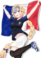 Rule 34 | arms up, black thighhighs, blush, braid, facepaint, fate/grand order, fate (series), french flag, headpiece, jeanne d&#039;arc (fate), jeanne d&#039;arc (ruler) (fate), long braid, long hair, midriff, navel, nike (company), purple eyes, ripi ur, shoes, single braid, smile, sneakers, soccer, soccer uniform, solo, sportswear, standing, standing on one leg, thighhighs, very long hair, white background, world cup