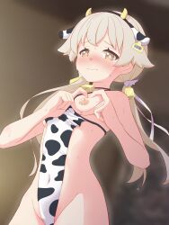 Rule 34 | 1girl, animal ears, animal print, bare shoulders, bell, blonde hair, blue archive, blush, breasts, brown eyes, collar, collarbone, cow ears, cow girl, cow horns, cow print, cowbell, embarrassed, fake animal ears, fake horns, flat chest, hair ornament, heart-shaped boob challenge, hifumi (blue archive), highres, horns, kyousuke (orcein), lactation, long hair, looking at viewer, low twintails, navel, neck bell, nipples, nose blush, print swimsuit, small breasts, smile, solo, sweat, swimsuit, tail, twintails, yellow eyes