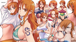 Rule 34 | :t, absurdres, alternate costume, annotated, aosora2823, arm tattoo, artist name, ass, bikini, blush, bra, breasts, cleavage, collage, collarbone, fanning face, fanning self, highres, large breasts, log pose, looking at viewer, nami (one piece), one piece, orange hair, pink bra, scene reference, shirt, side-tie bikini bottom, simple background, striped bikini, striped clothes, swimsuit, tattoo, teardrop, two-tone bikini, underboob, underwear, vertical-striped bikini, vertical-striped clothes, white background, white shirt