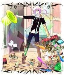 Rule 34 | 1boy, akaboshi imoko, balloon animal, banknote, boots, detached sleeves, dollar bill, green eyes, hat, juggling club, long hair, male focus, midriff, money, navel, open mouth, party castle, pink hair, scarf, solo, suitcase, top hat