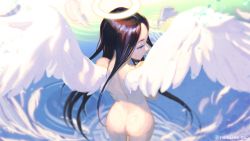 Rule 34 | 1girl, angel, angel wings, ass, back, black hair, eyelashes, feathered wings, halo, highres, long hair, nude, original, solo, wings, yonezawa mao