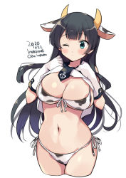 Rule 34 | 1girl, agano (kancolle), anchor symbol, animal ears, animal print, bikini, black hair, blush, breasts, cleavage, cow ears, cow horns, cow print, cropped legs, dated, front-tie bikini top, front-tie top, gloves, green eyes, hair between eyes, horns, kantai collection, large breasts, long hair, navel, odawara hakone, one eye closed, side-tie bikini bottom, simple background, solo, swimsuit, twitter username, white background, white gloves