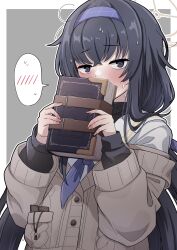 Rule 34 | 1girl, @ @, absurdres, bags under eyes, black eyes, black hair, blue archive, blush, book, brown cardigan, buttons, cardigan, fingernails, hairband, halo, highres, holding, holding book, long hair, long sleeves, looking at viewer, neckerchief, purple hairband, purple neckerchief, sailor collar, solo, spoken blush, tanakara, ui (blue archive), upper body, white sailor collar