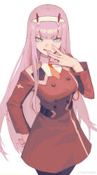 Rule 34 | 1girl, :q, absurdres, aqua eyes, blunt bangs, buttons, cowboy shot, darling in the franxx, double-breasted, dress, hand on own hip, hand to own mouth, hand up, highres, long hair, long sleeves, looking at viewer, necktie, orange necktie, pink hair, red dress, sangqi de a yu, short necktie, simple background, solo, standing, tongue, tongue out, watermark, weibo logo, white background, zero two (darling in the franxx)
