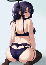Rule 34 | 1girl, absurdres, ass, black halo, blue archive, blue background, blue eyes, bra, brown thighhighs, commentary request, halo, highres, long hair, looking at viewer, looking back, ni tamago sando, panties, purple bra, purple hair, purple panties, simple background, sitting, solo, sweat, thighhighs, underwear, wariza, yuuka (blue archive)