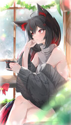 Rule 34 | 1girl, absurdres, ahoge, animal ear fluff, animal ears, black hair, blurry, blurry foreground, braid, commentary request, crossed legs, cup, elphe, fox ears, fox girl, fox tail, green eyes, grey shirt, hair ornament, head rest, highres, holding, holding cup, hololive, indoors, kurokami fubuki, long hair, looking at viewer, looking to the side, red eyes, red hair, shirt, sidelocks, single braid, solo, table, tail, turtleneck, virtual youtuber, white hair