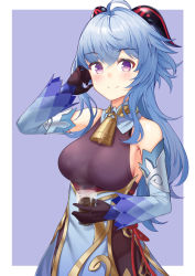 Rule 34 | 1girl, ahoge, bare shoulders, bell, black bodysuit, black gloves, blue hair, blush, bodice, bodysuit, breasts, chinese commentary, closed mouth, coffee, commentary request, cowbell, cowboy shot, cup, detached sleeves, ganyu (genshin impact), genshin impact, gloves, goat horns, highres, holding, horns, kuma-ra, long hair, medium breasts, partial commentary, purple eyes, smile, solo, steam
