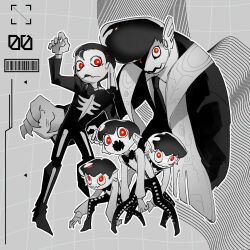 Rule 34 | 5boys, arm up, barcode, battering lento, black bow, black bowtie, black hair, black necktie, black pants, black suit, bow, bowtie, closed mouth, collared shirt, dress shirt, fang, fins, formal, full body, gloves, glowing, glowing eyes, grey background, grid background, hair slicked back, head fins, highres, jelleton, long sleeves, looking at viewer, male focus, marching andante, multiple boys, necktie, nintendo, open mouth, ore is xtai, outline, pants, personification, pompadour, red eyes, shirt, short hair, skeleton print, skin fang, splatoon (series), splatoon 3, splatoon 3: side order, spot color, standing, stole, straight hair, suit, suspenders, swarming languendo, wavy mouth, white gloves, white outline, white shirt